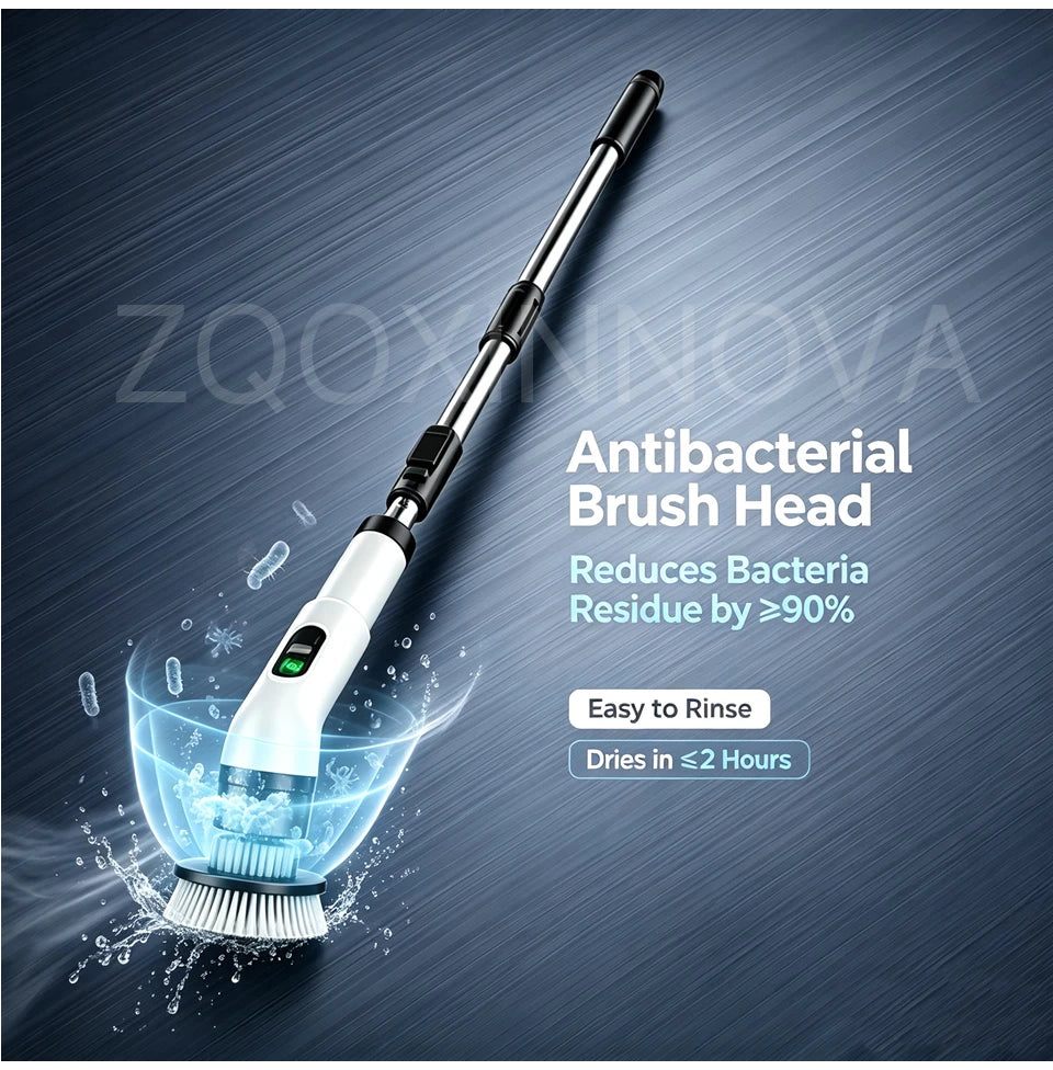 A long, white antibacterial brush head is shown against a dark blue background with text promoting its cleaning effectiveness