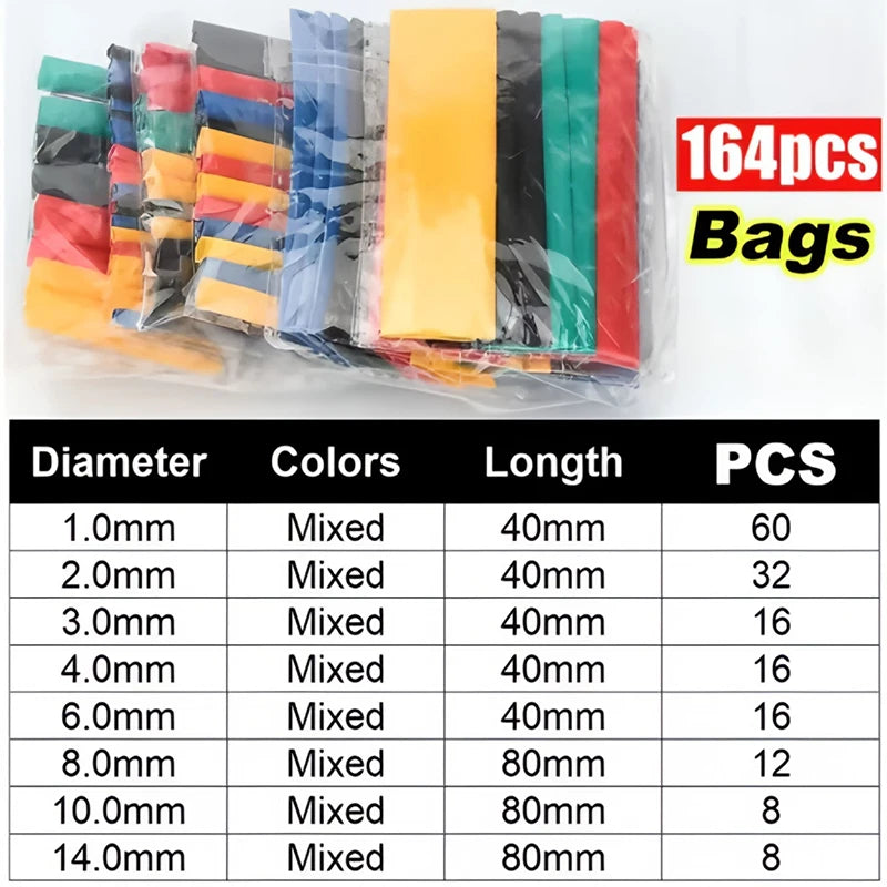 A package of heat shrink tubing bags with various diameters, lengths, and color options for wire protection.