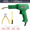 Green plastic welding gun with 400 pieces of H50 wire and various metal staples for repair