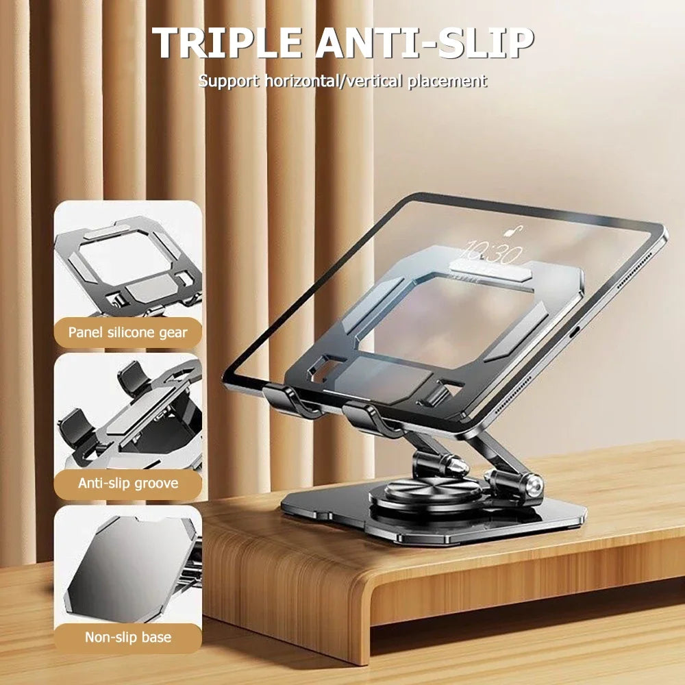 A triple anti-slip foldable tablet stand with a panel silicone gear, anti-slip groove, and non-slip base.