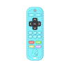 A light blue silicone remote control device with various buttons including directional arrows and an OK button.