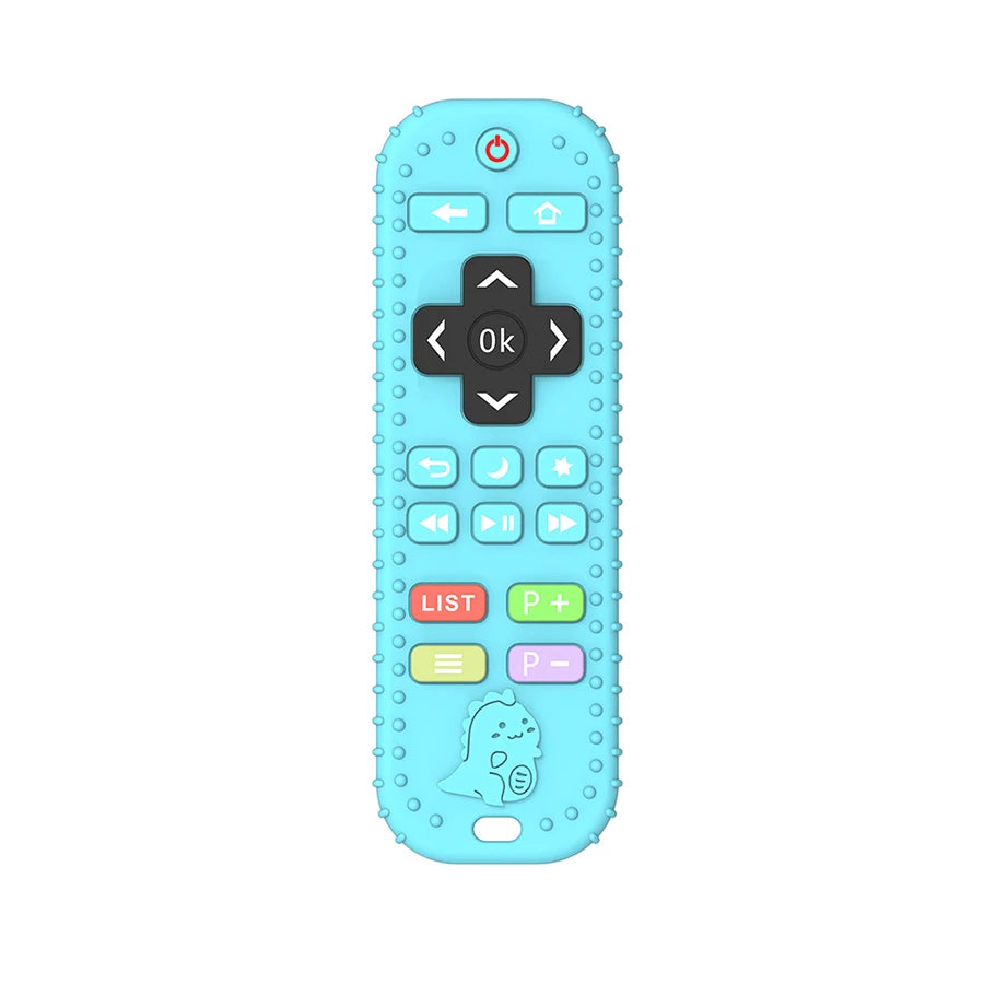 A light blue silicone remote control device with various buttons including directional arrows and an OK button.
