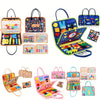A collection of colorful Montessori busy boards and sensory learning toys for toddlers.