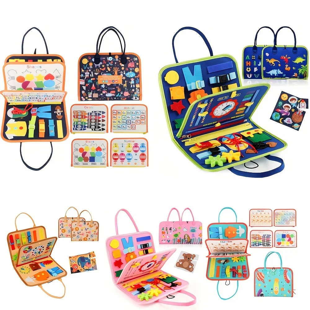 A collection of colorful Montessori busy boards and sensory learning toys for toddlers.