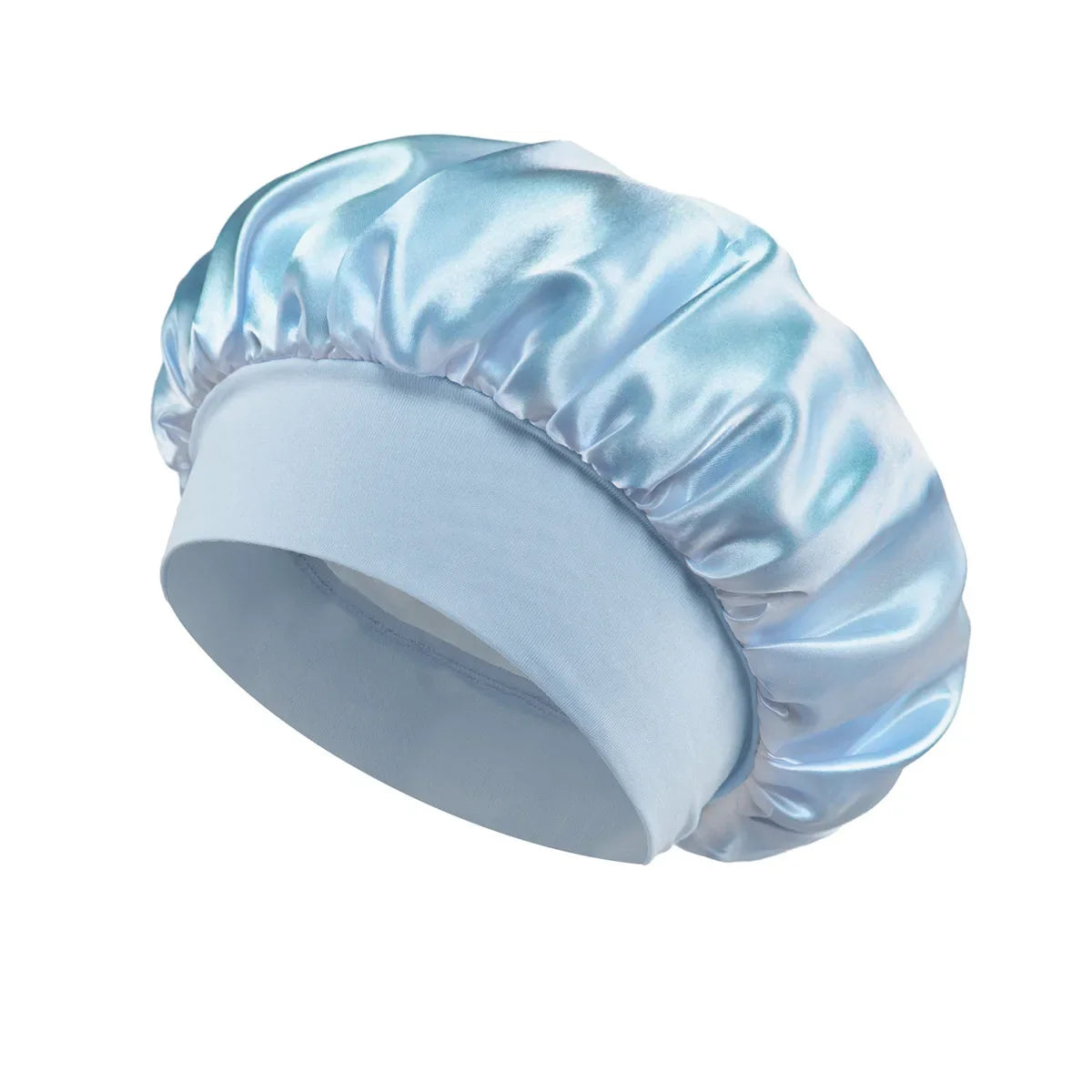Bonnet de nuit en satin bleu clair à large bord
