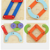 Wooden geoboard shape building set with colorful wooden pieces arranged in various geometric patterns