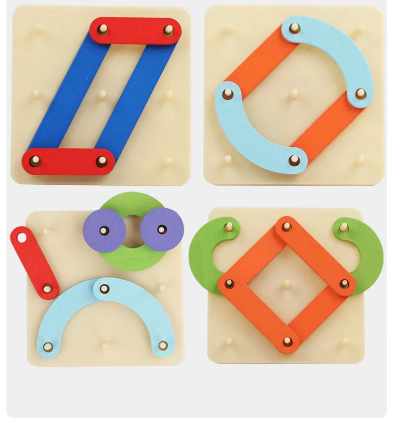 Wooden geoboard shape building set with colorful wooden pieces arranged in various geometric patterns