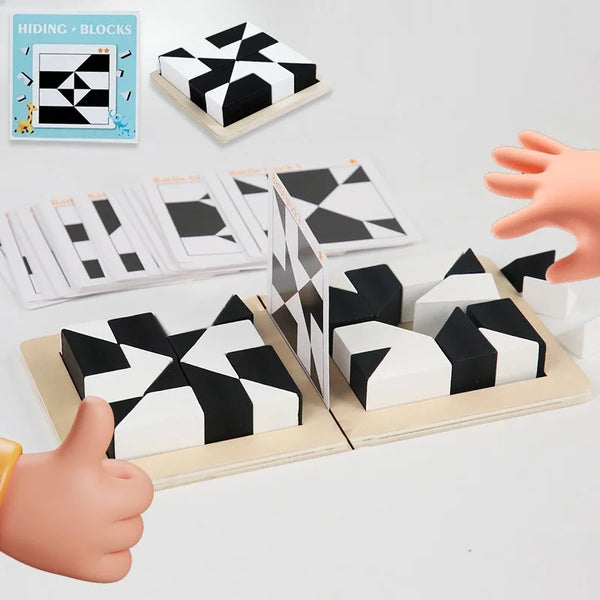 Wooden Geometric Shape Puzzle Blocks with Pattern Cards - Educational Logic Game for Kids