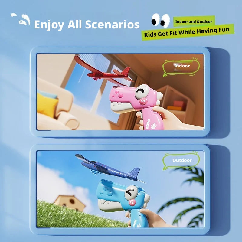 A close-up of a child playing with a pink dinosaur foam airplane launcher toy indoors and outdoors.