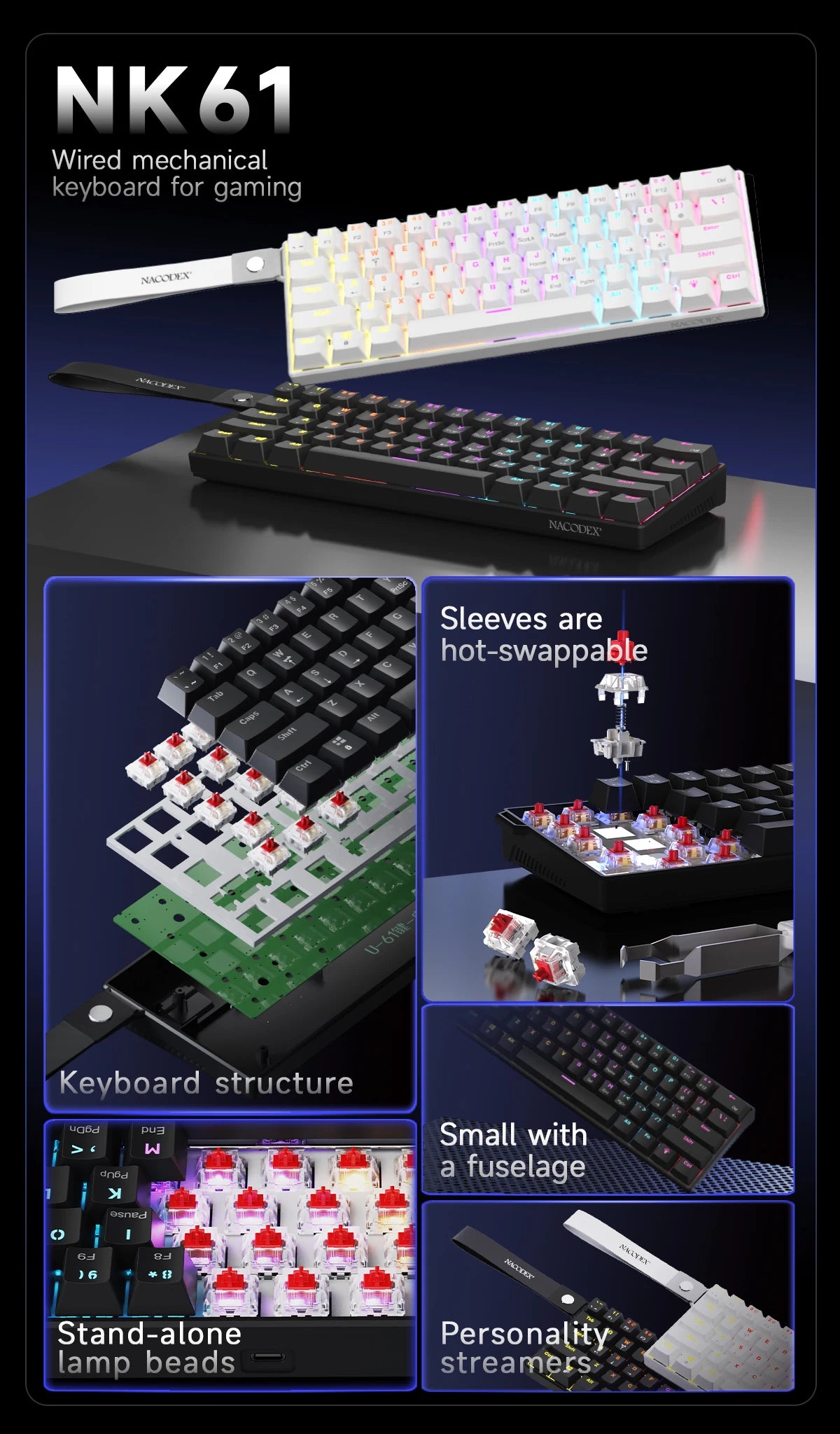 Darstellung verschiedener Aspekte der NK61 kabelgebundenen mechanischen Gaming-Tastatur, Struktur und Funktionen.