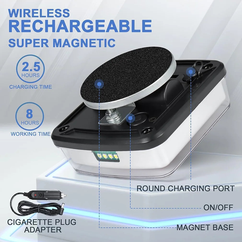Wireless rechargeable super magnetic trailer tail lights showing the unit, charging time, and working time.