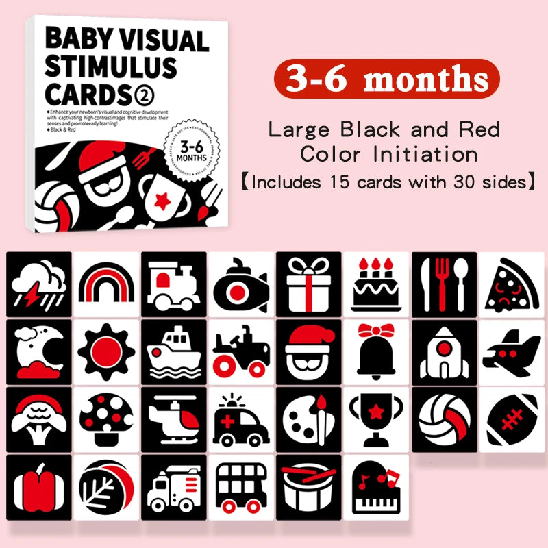 A set of large black and red color initiation flash cards for baby visual stimulation.