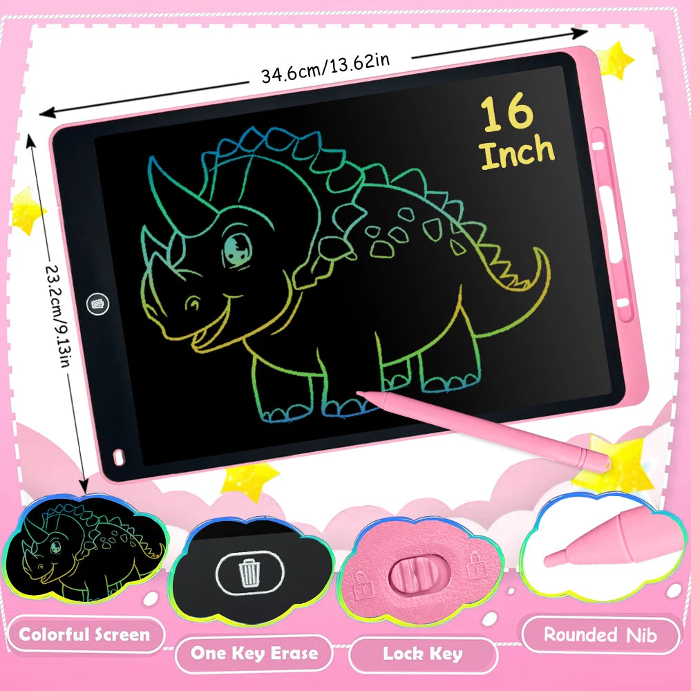 A pink LCD writing tablet showing a green dinosaur drawing on the screen with various accessories.