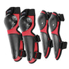 A set of black and red motocross body armor pads for elbows and knees.