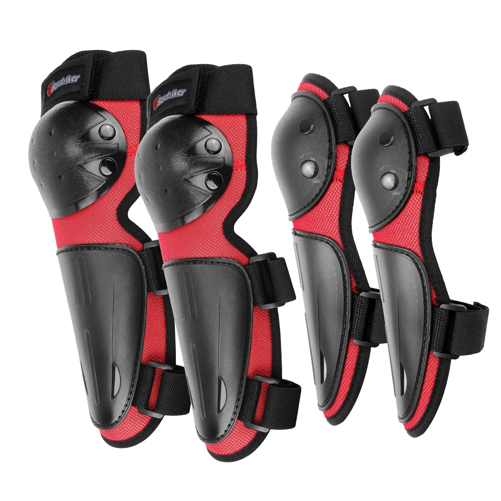A set of black and red motocross body armor pads for elbows and knees.