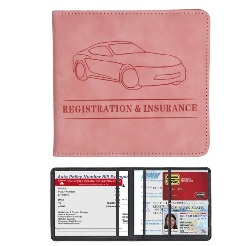 A pink leather card holder wallet displaying a line drawing of a car and the text Registration & Insurance.