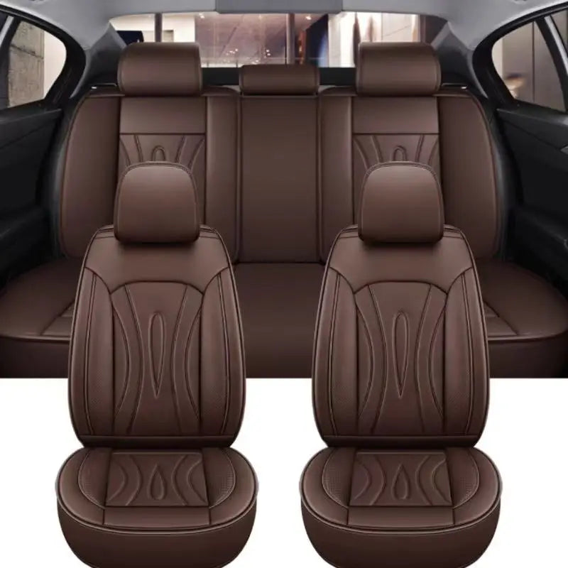 Brown full coverage PU leather car seat covers shown in the interior of a vehicle.