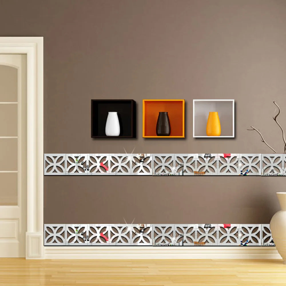 Acrylic mirror wall stickers used as decorative edges and borders on a wall.