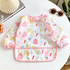 A pink and yellow waterproof long-sleeve baby feeding smock with various cute patterns