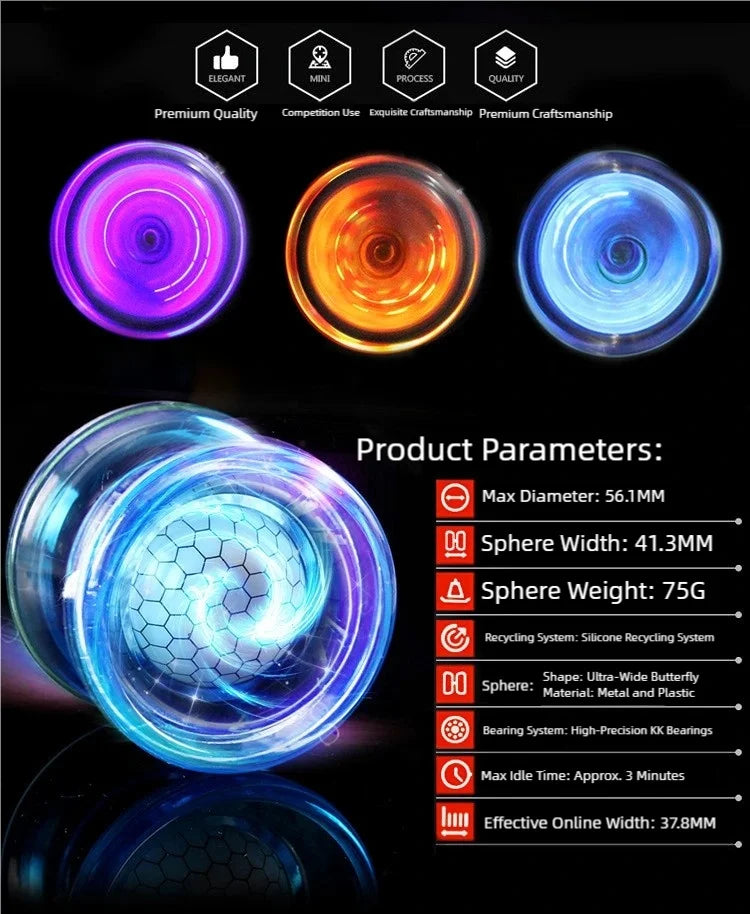 A close-up view of a blue crystal glow yo-yo demonstrating smooth spin and anti-drop design features.