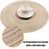 A white cup and saucer are placed on a natural fiber round placemat, with a close-up showing polypropylene clear threads glit
