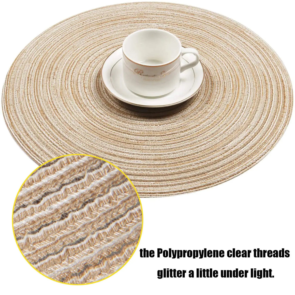 A white cup and saucer are placed on a natural fiber round placemat, with a close-up showing polypropylene clear threads glit