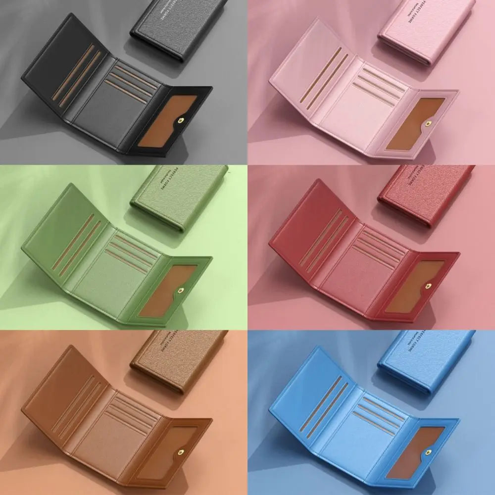 A collection of classic leather card holder wallets in various shades including black, pink, green, red, and brown.