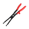 A pair of red and black steel hose clamp removal pliers for automotive repair.