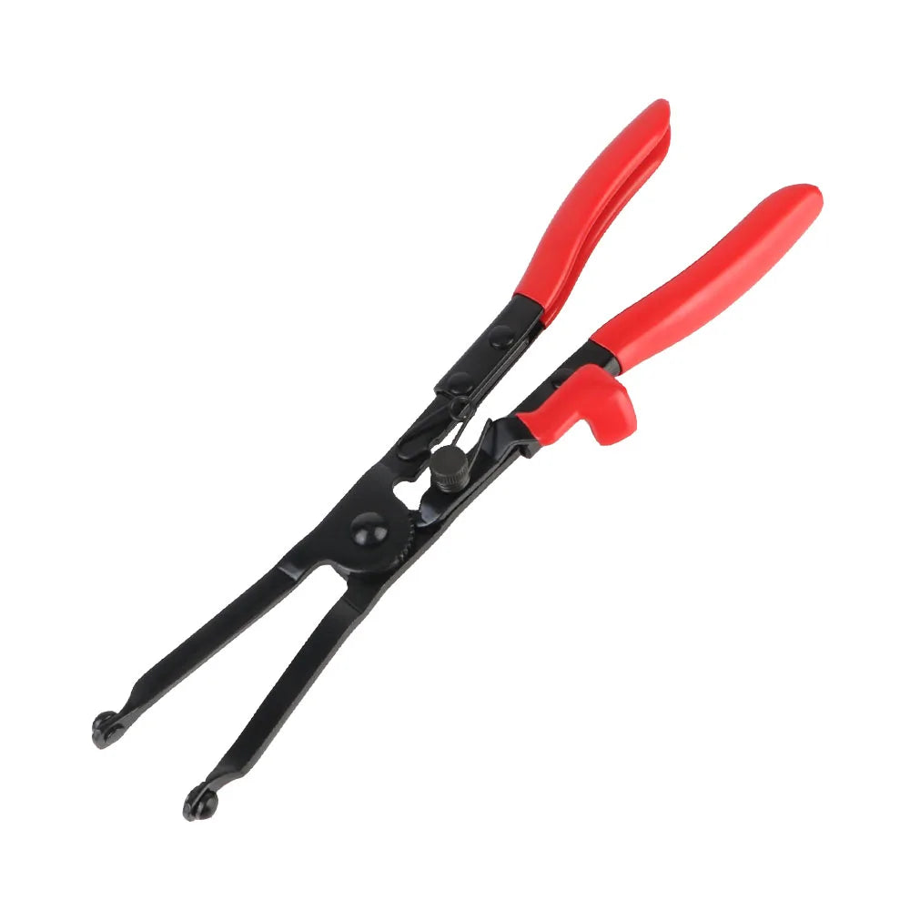 A pair of red and black steel hose clamp removal pliers for automotive repair.