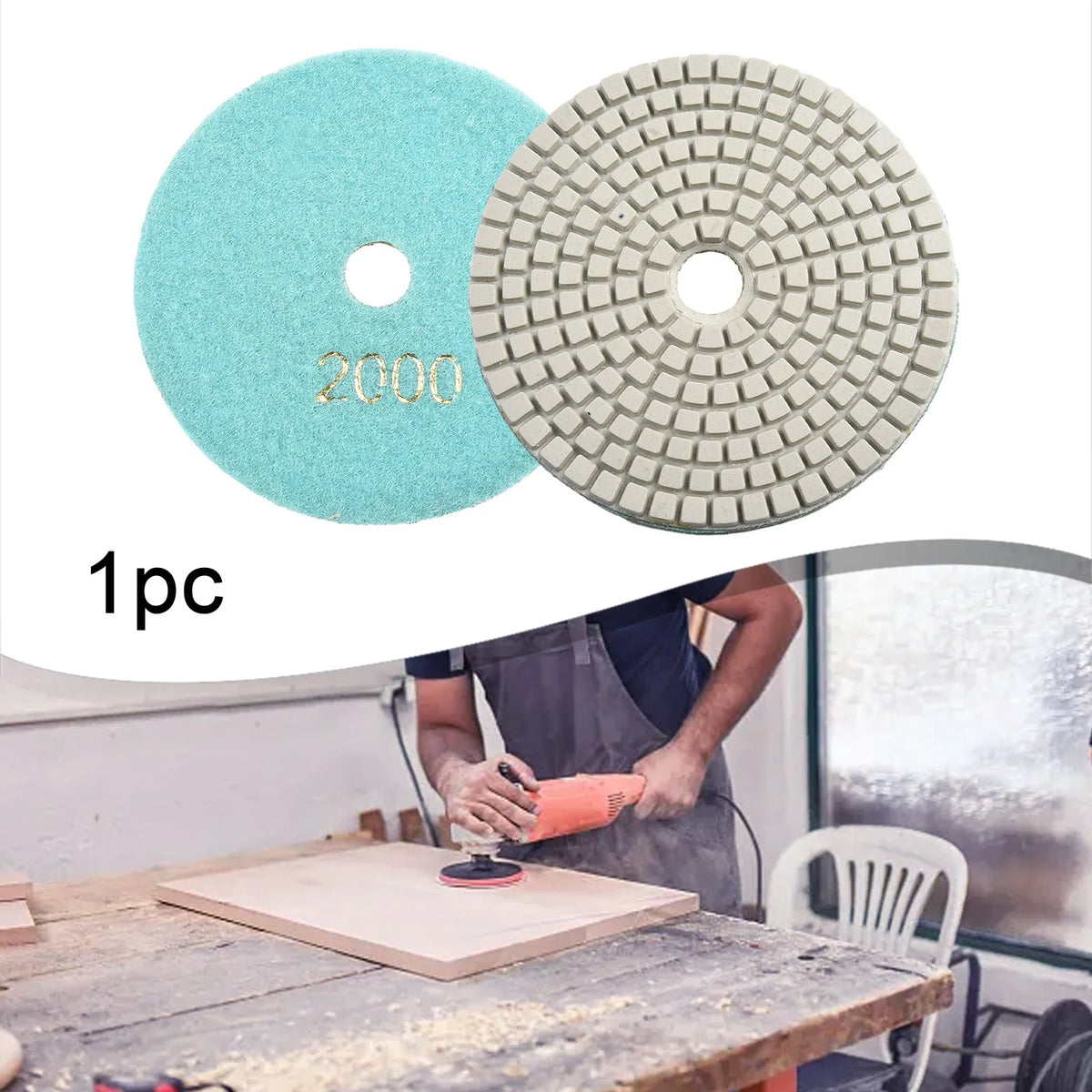 A set of two circular diamond polishing pads, one light blue and one gray, are shown on a wooden workbench.