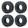 Four black soft rubber tires for 1/18 and 1/24 RC crawler cars shown from different angles