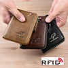 A hand holds a brown leather wallet with a zipper, featuring an embossed kangaroo design.