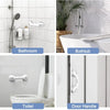 A collection of bathroom safety grab bars, including a shower rail, a bathtub support, a toilet seat assist, and a door handl