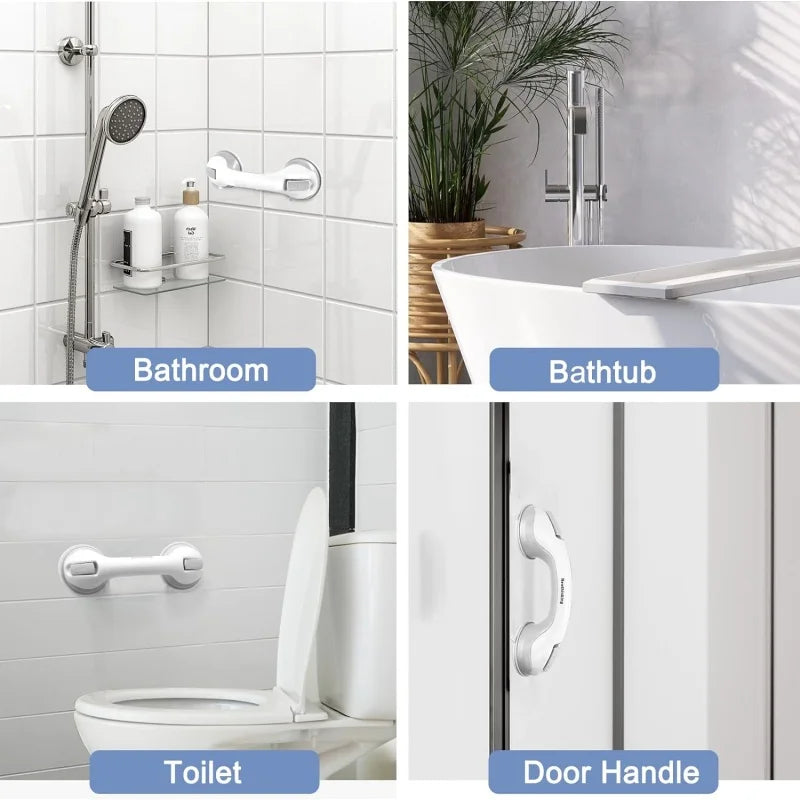 A collection of bathroom safety grab bars, including a shower rail, a bathtub support, a toilet seat assist, and a door handl