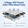 Diagram showing a 5-stage ACF faucet filter removing chlorine, heavy metals, bad odor, and bad taste from water.