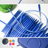 A set of blue interchangeable circular knitting needles and a matching case are displayed on a white background.