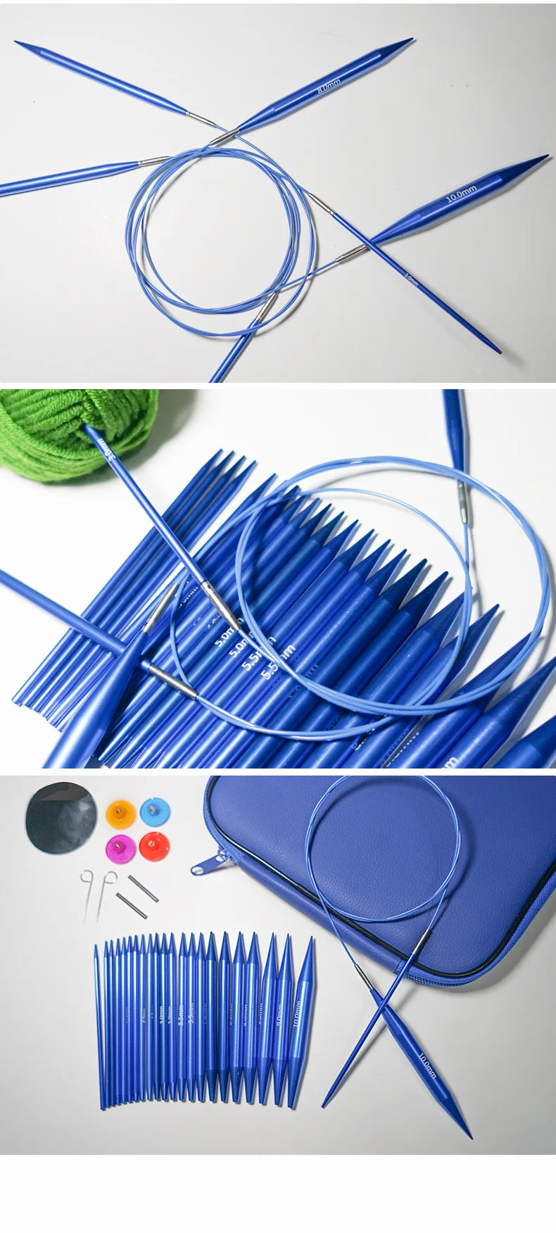 A set of blue interchangeable circular knitting needles and a matching case are displayed on a white background.