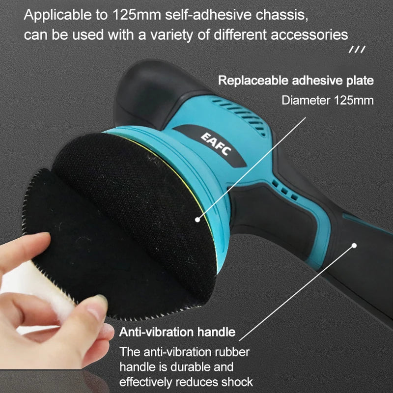 A close-up view of a black and teal cordless electric polisher with an anti-vibration handle and a replaceable adhesive plate