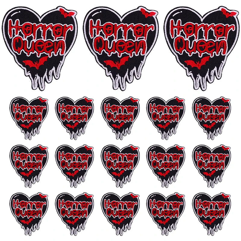 A set of ten embroidered iron-on patches featuring a horror queen design in red and black.