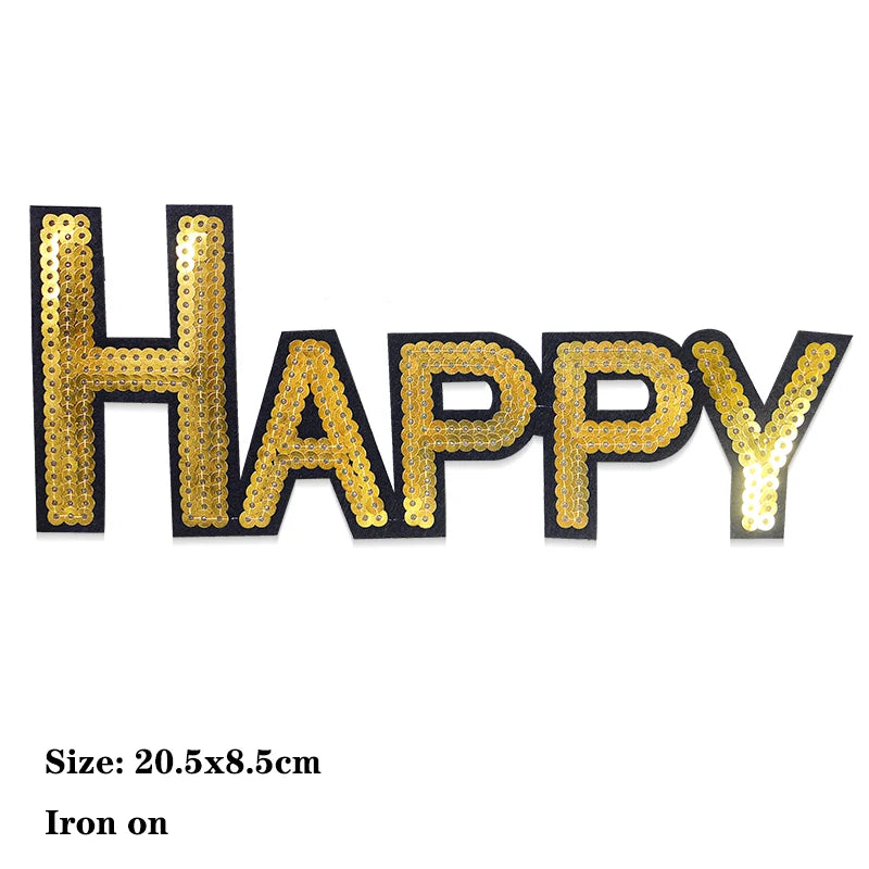 Gold sequin letter patch spelling HAPPY for DIY clothing and accessories