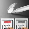 A white pen is shown writing on a tablet screen protected by a paper feel film and tempered glass.