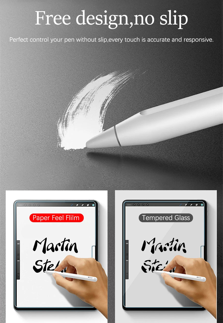 A white pen is shown writing on a tablet screen protected by a paper feel film and tempered glass.