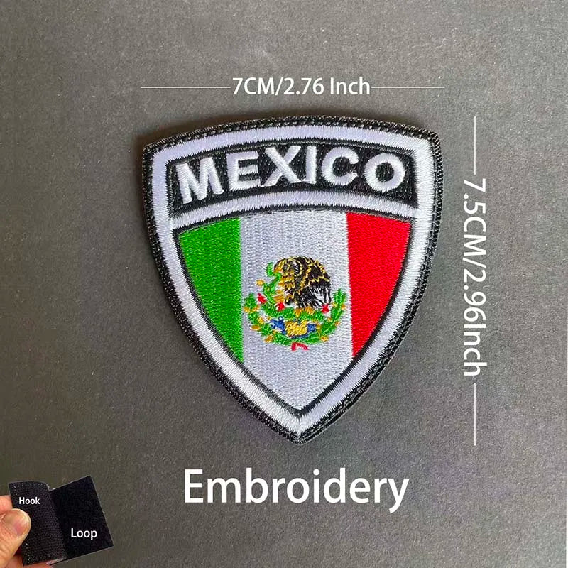 Embroidery of the Mexico flag with an eagle skull design on a tactical patch with hook and loop backing
