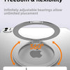 A silver magnetic aluminum tablet holder demonstrating 360-degree and 180-degree adjustable placement for unlimited use.