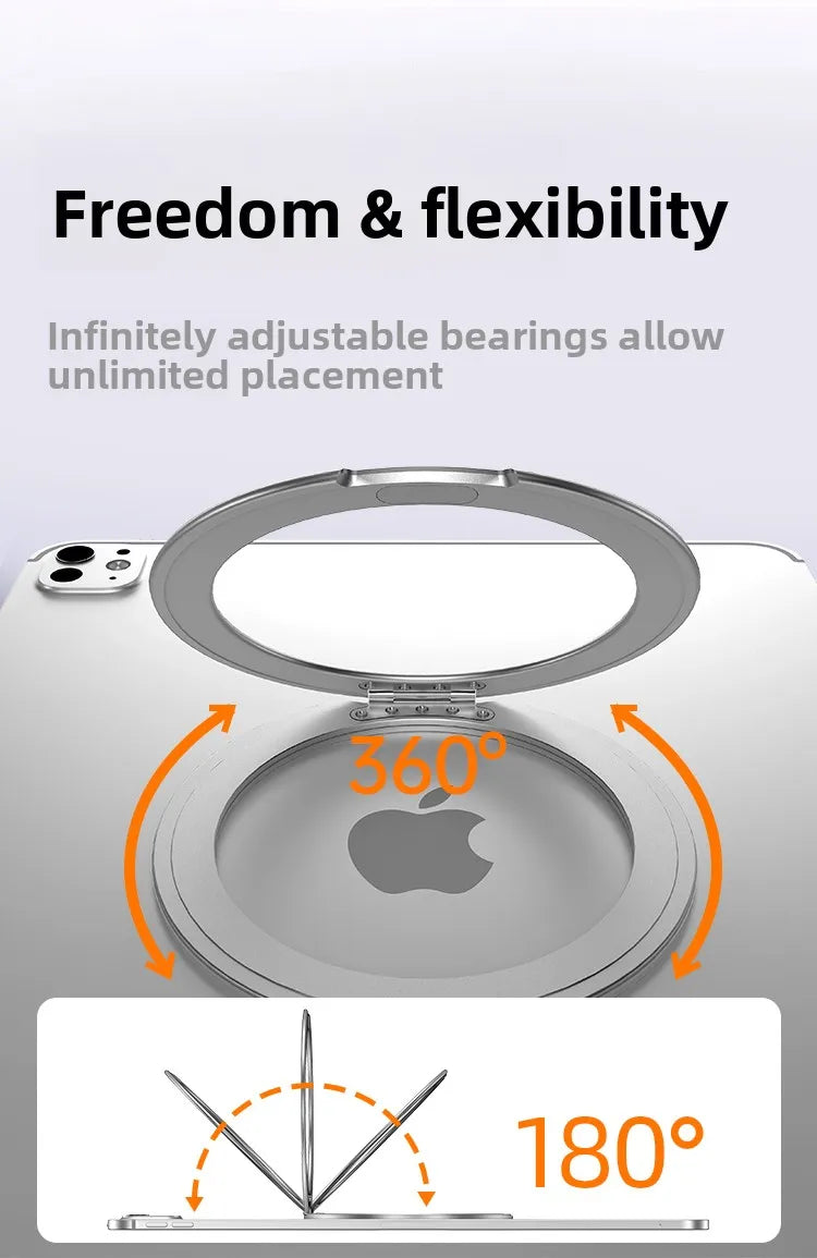 A silver magnetic aluminum tablet holder demonstrating 360-degree and 180-degree adjustable placement for unlimited use.