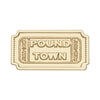 Vintage airline ticket enamel brooch featuring the text POUND TOWN