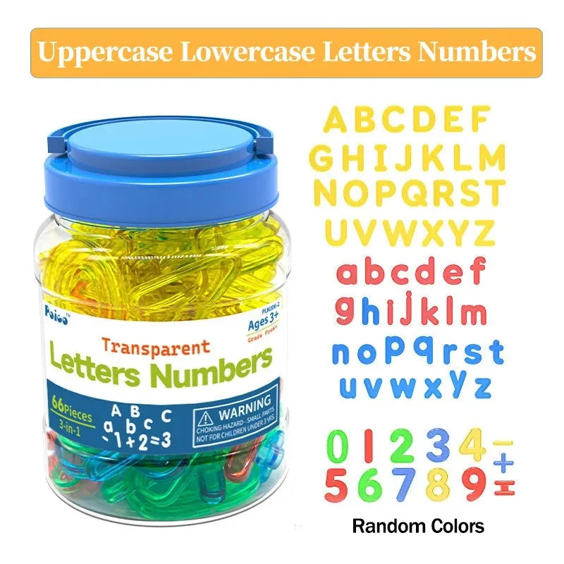 A jar of transparent letters and numbers in various colors for sensory learning