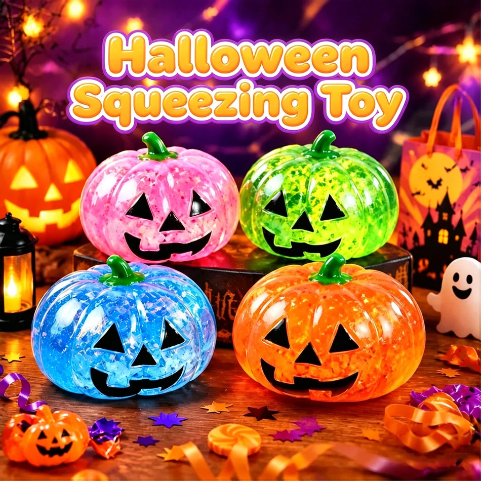 Colección de juguetes para apretar tipo calabaza de Halloween, en colores rosa, verde, azul y naranja.