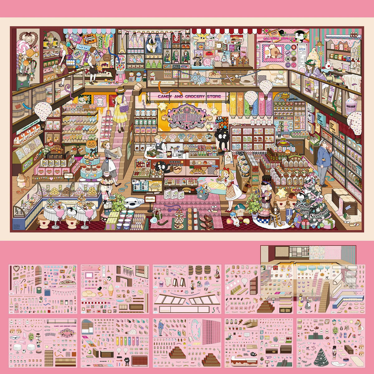 A large, detailed illustration of a candy and grocery store scene featuring various products and figures for scrapbooking.