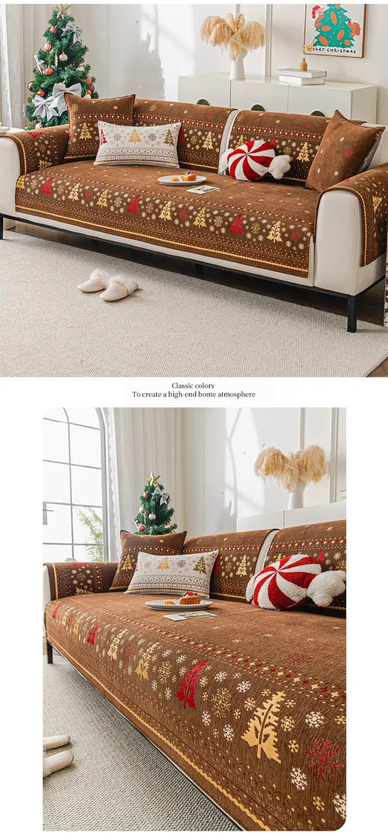 A brown Christmas tree chenille sofa cover with gold embroidery and red accents displayed on a white sofa.